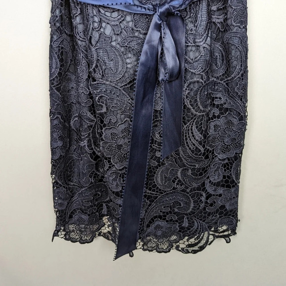 ADRIANNA PAPELL Illusion Cap Sleeve Floral Lace Satan Belt Tie Waist Dress sz.6 - Picture 8 of 15